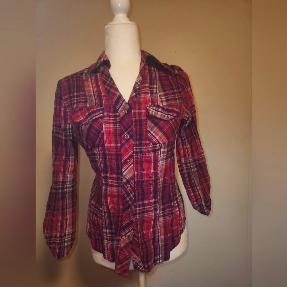 Y2K Purple Pink Plaid Lumberjack Shirt With Pockets Tab Sleeves Medium M EUC